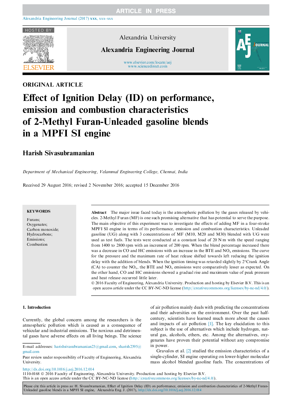 Effect of Ignition Delay (ID) on performance, emission and combustion characteristics of 2-Methyl Furan-Unleaded gasoline blends in a MPFI SI engine