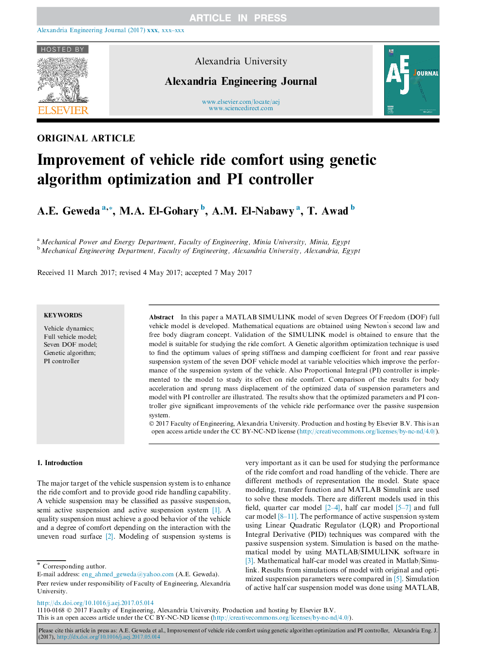 Improvement of vehicle ride comfort using genetic algorithm optimization and PI controller