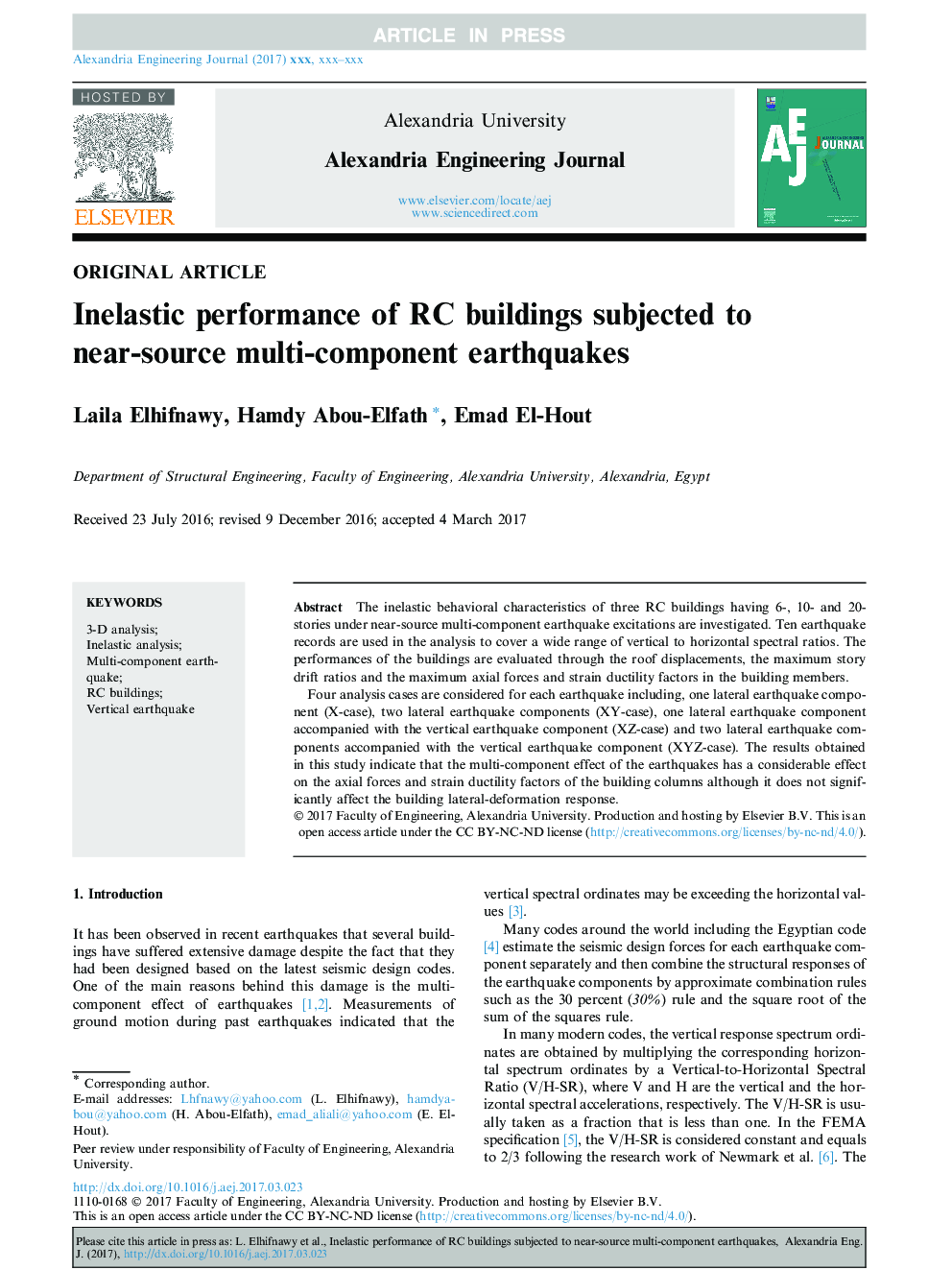 Inelastic performance of RC buildings subjected to near-source multi-component earthquakes