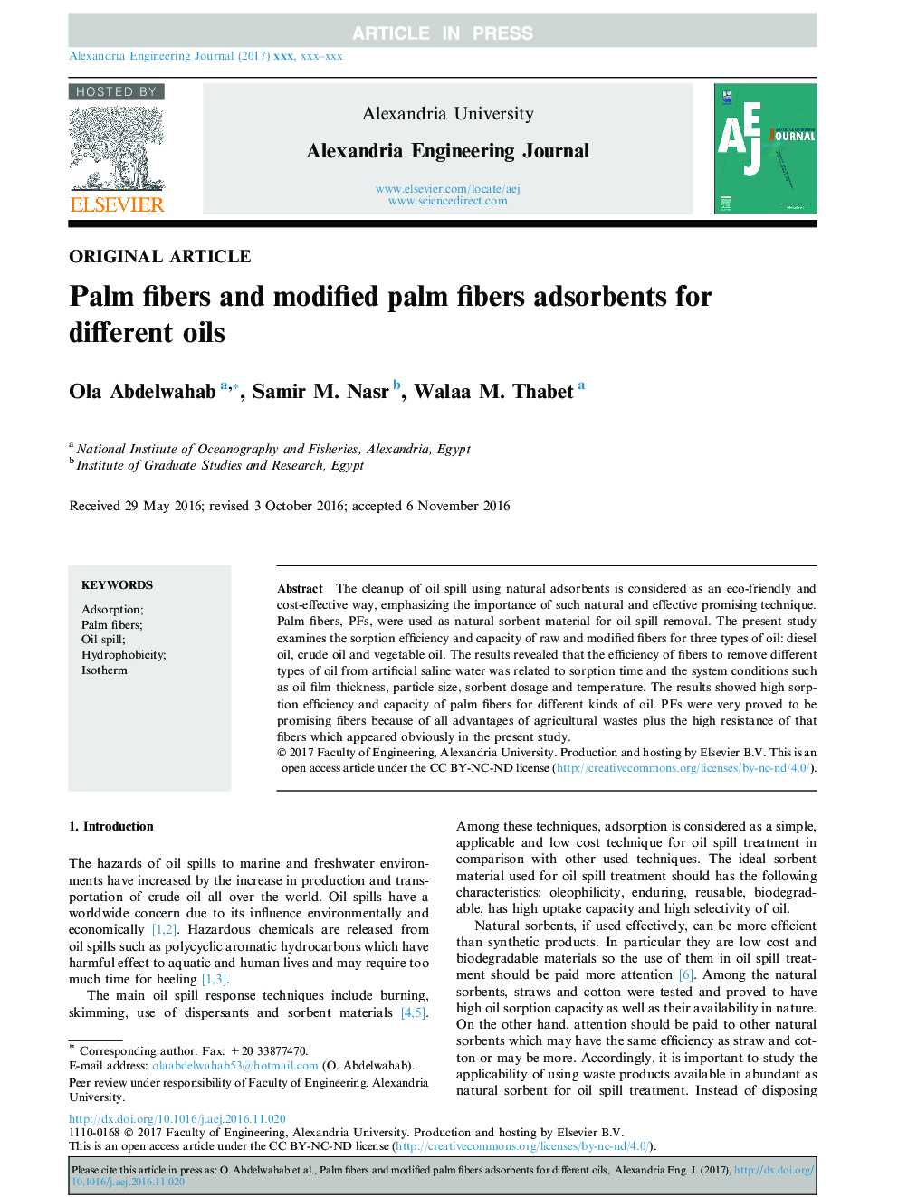 Palm fibers and modified palm fibers adsorbents for different oils