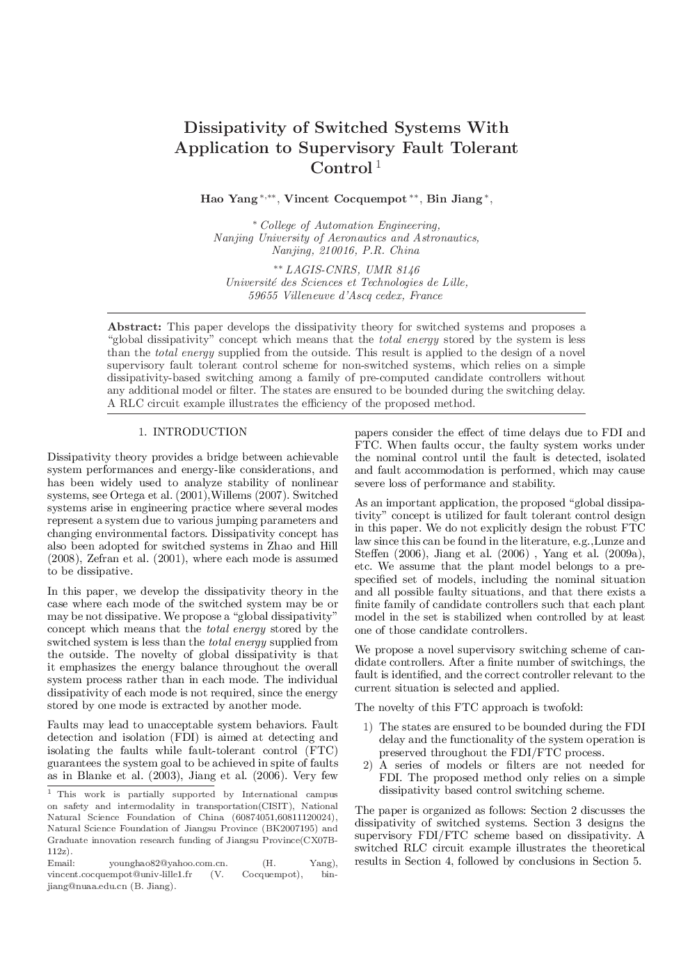 Dissipativity of Switched Systems With Application to Supervisory Fault Tolerant Control 