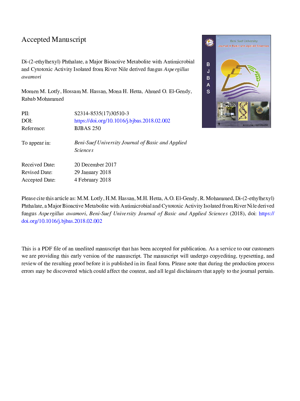 Di-(2-ethylhexyl) Phthalate, a major bioactive metabolite with antimicrobial and cytotoxic activity isolated from River Nile derived fungus Aspergillus awamori