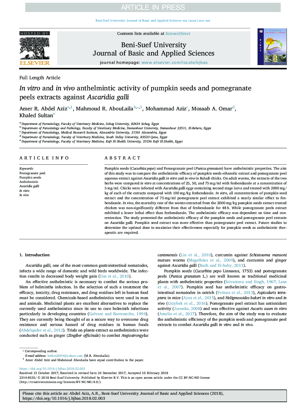 In vitro and in vivo anthelmintic activity of pumpkin seeds and pomegranate peels extracts against Ascaridia galli