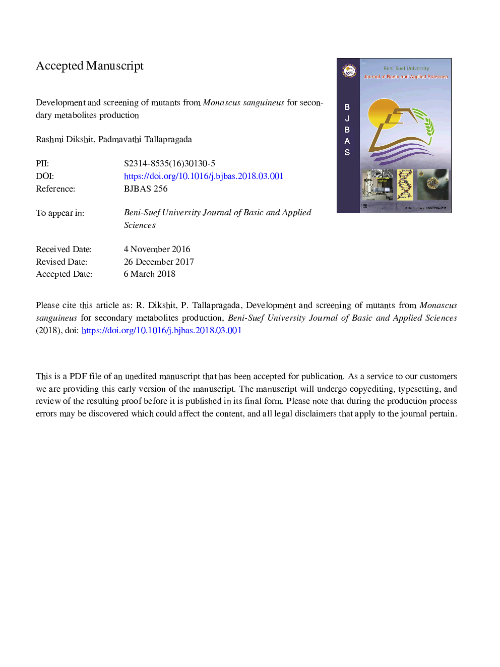 Development and screening of mutants from Monascus sanguineus for secondary metabolites production