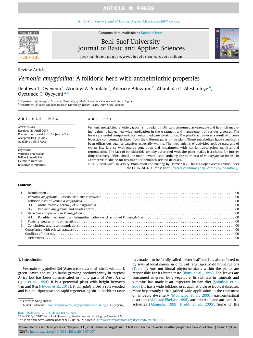 Vernonia amygdalina: A folkloric herb with anthelminthic properties