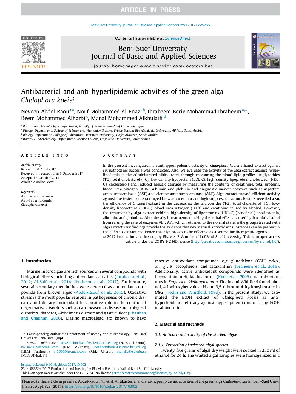 Antibacterial and anti-hyperlipidemic activities of the green alga Cladophora koeiei