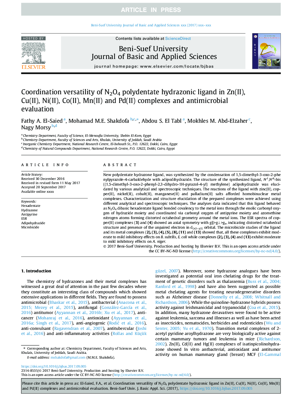Coordination versatility of N2O4 polydentate hydrazonic ligand in Zn(II), Cu(II), Ni(II), Co(II), Mn(II) and Pd(II) complexes and antimicrobial evaluation