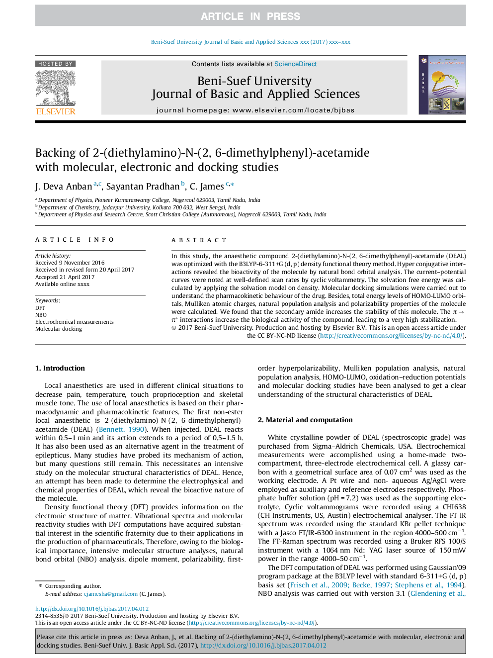 Backing of 2-(diethylamino)-N-(2, 6-dimethylphenyl)-acetamide with molecular, electronic and docking studies