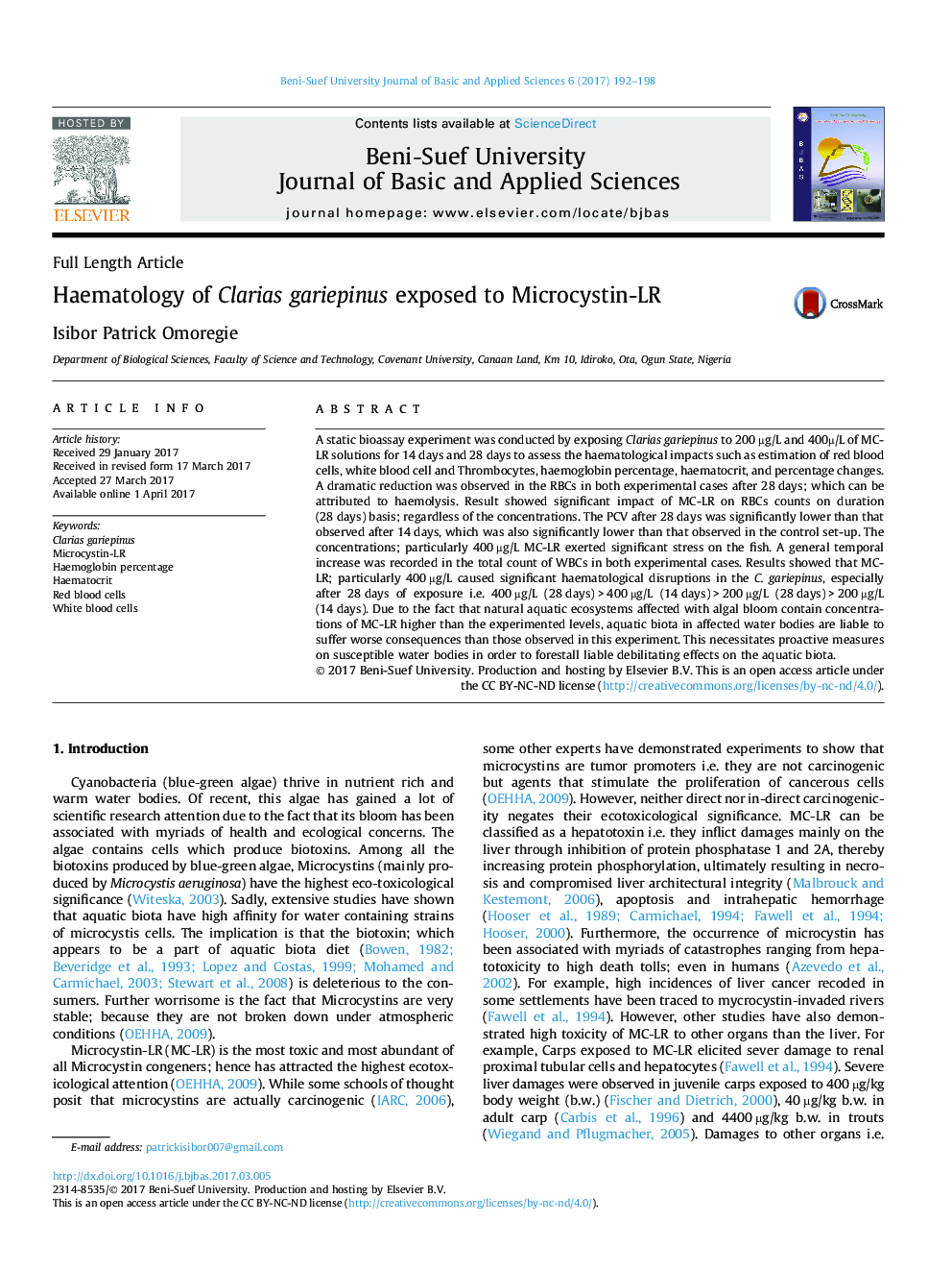 Haematology of Clarias gariepinus exposed to Microcystin-LR