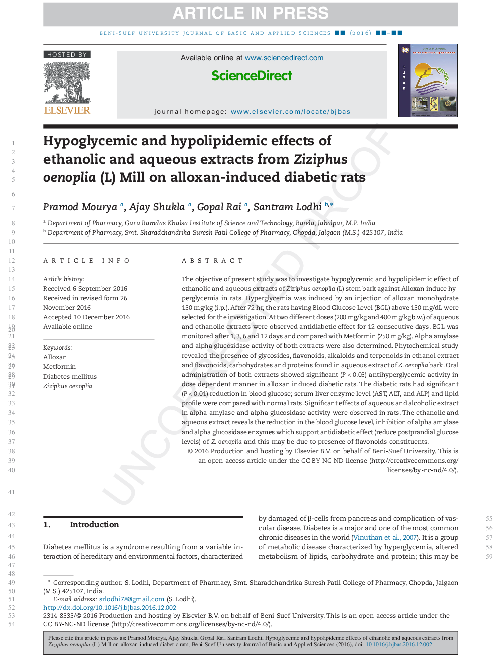 Hypoglycemic and hypolipidemic effects of ethanolic and aqueous extracts from Ziziphus oenoplia (L) Mill on alloxan-induced diabetic rats