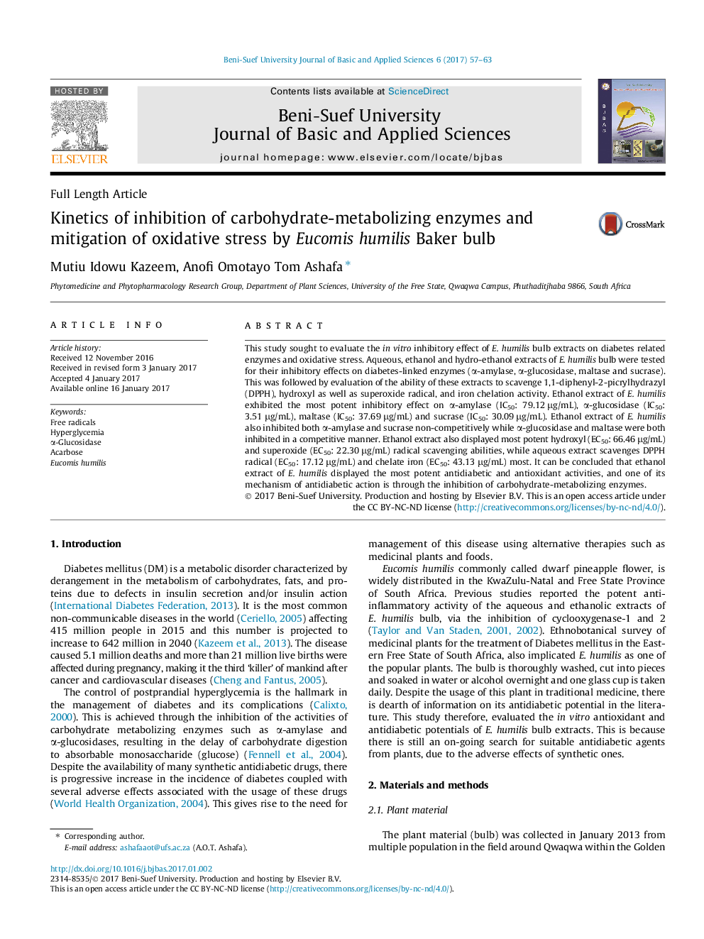 Kinetics of inhibition of carbohydrate-metabolizing enzymes and mitigation of oxidative stress by Eucomis humilis Baker bulb