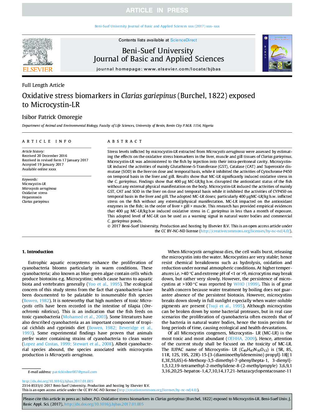 Oxidative stress biomarkers in Clarias gariepinus (Burchel, 1822) exposed to Microcystin-LR