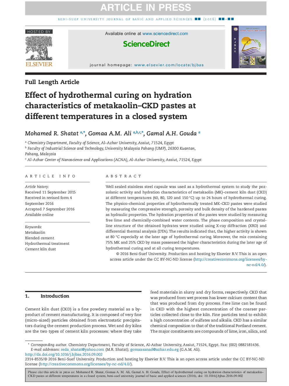 Effect of hydrothermal curing on hydration characteristics of metakaolin-CKD pastes at different temperatures in a closed system