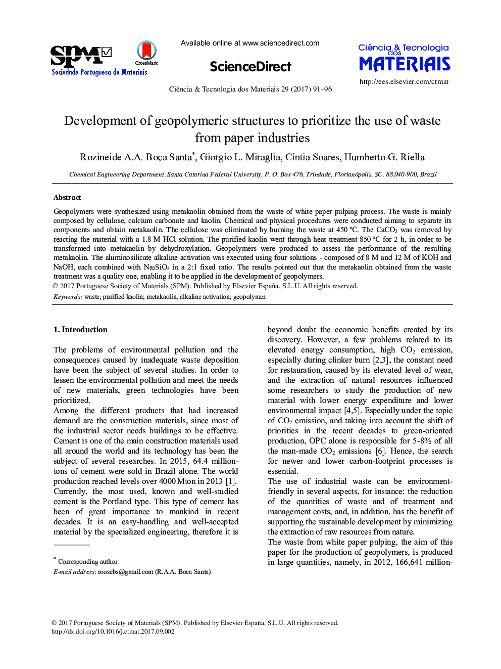 Development of geopolymeric structures to prioritize the use of waste from paper industries