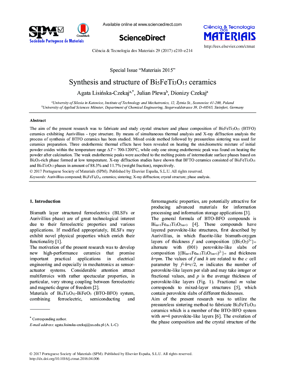 Synthesis and structure of Bi5FeTi3O15 ceramics