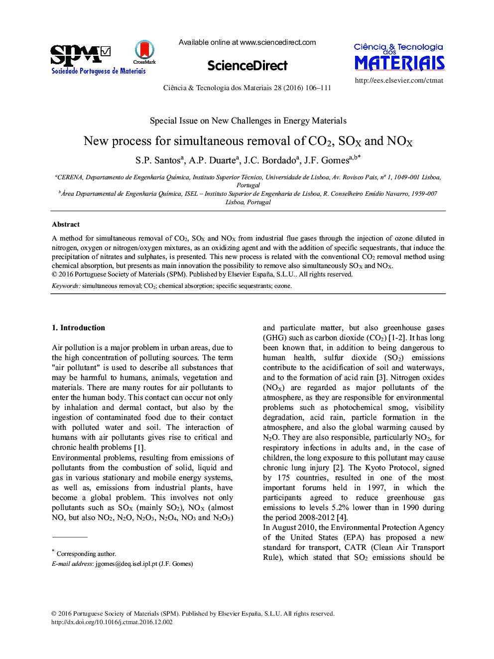 New process for simultaneous removal of CO2, SOX and NOX