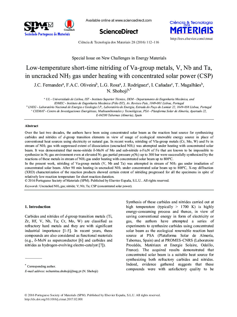 Low-temperature short-time nitriding of Va-group metals, V, Nb and Ta, in uncracked NH3 gas under heating with concentrated solar power (CSP)