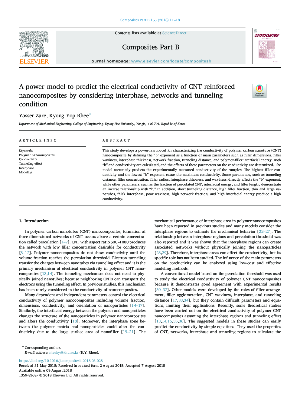 A power model to predict the electrical conductivity of CNT reinforced nanocomposites by considering interphase, networks and tunneling condition