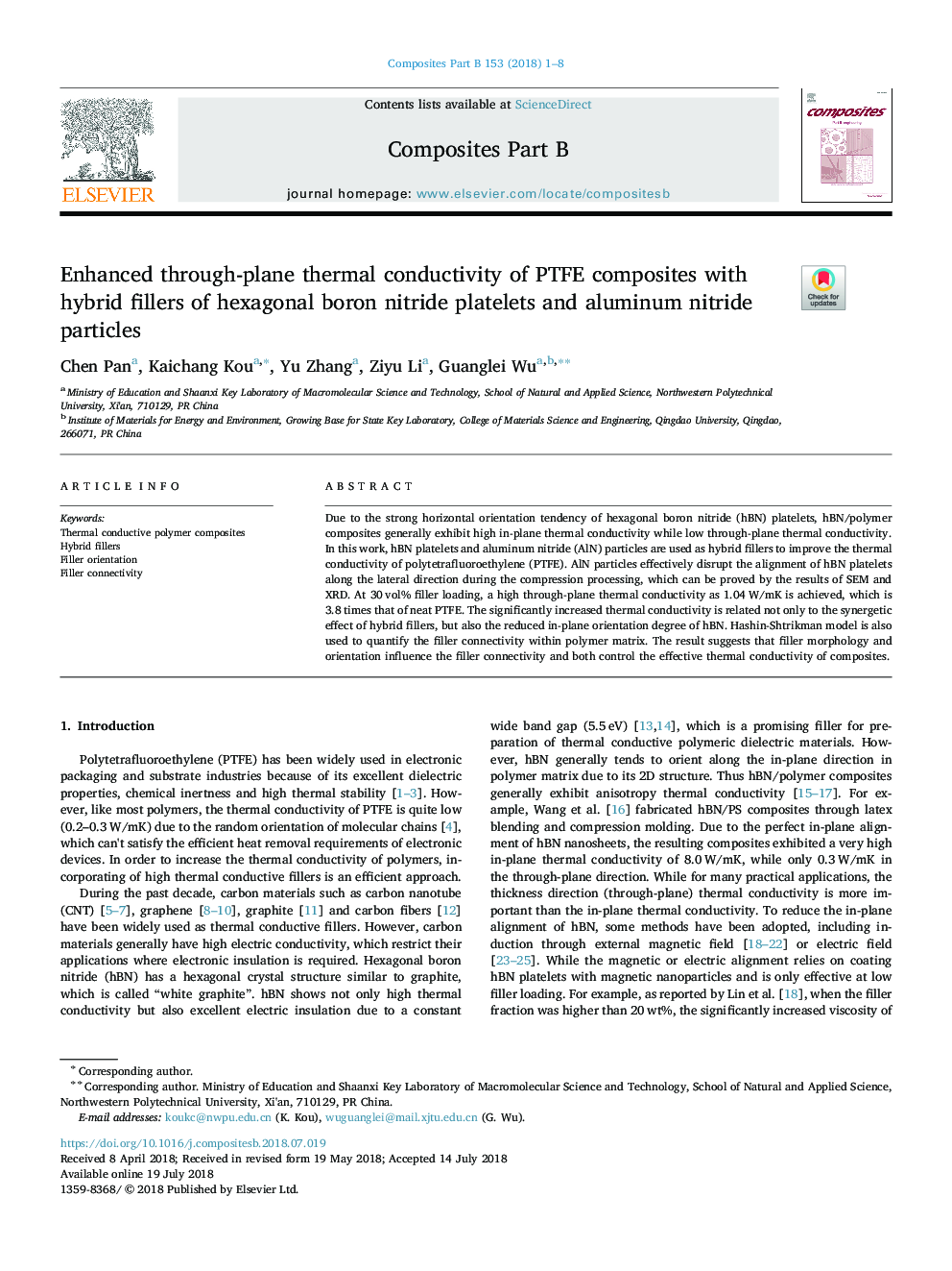 Enhanced through-plane thermal conductivity of PTFE composites with hybrid fillers of hexagonal boron nitride platelets and aluminum nitride particles