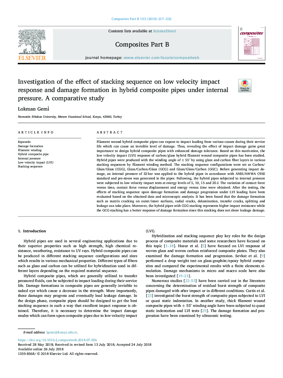 Investigation of the effect of stacking sequence on low velocity impact response and damage formation in hybrid composite pipes under internal pressure. A comparative study