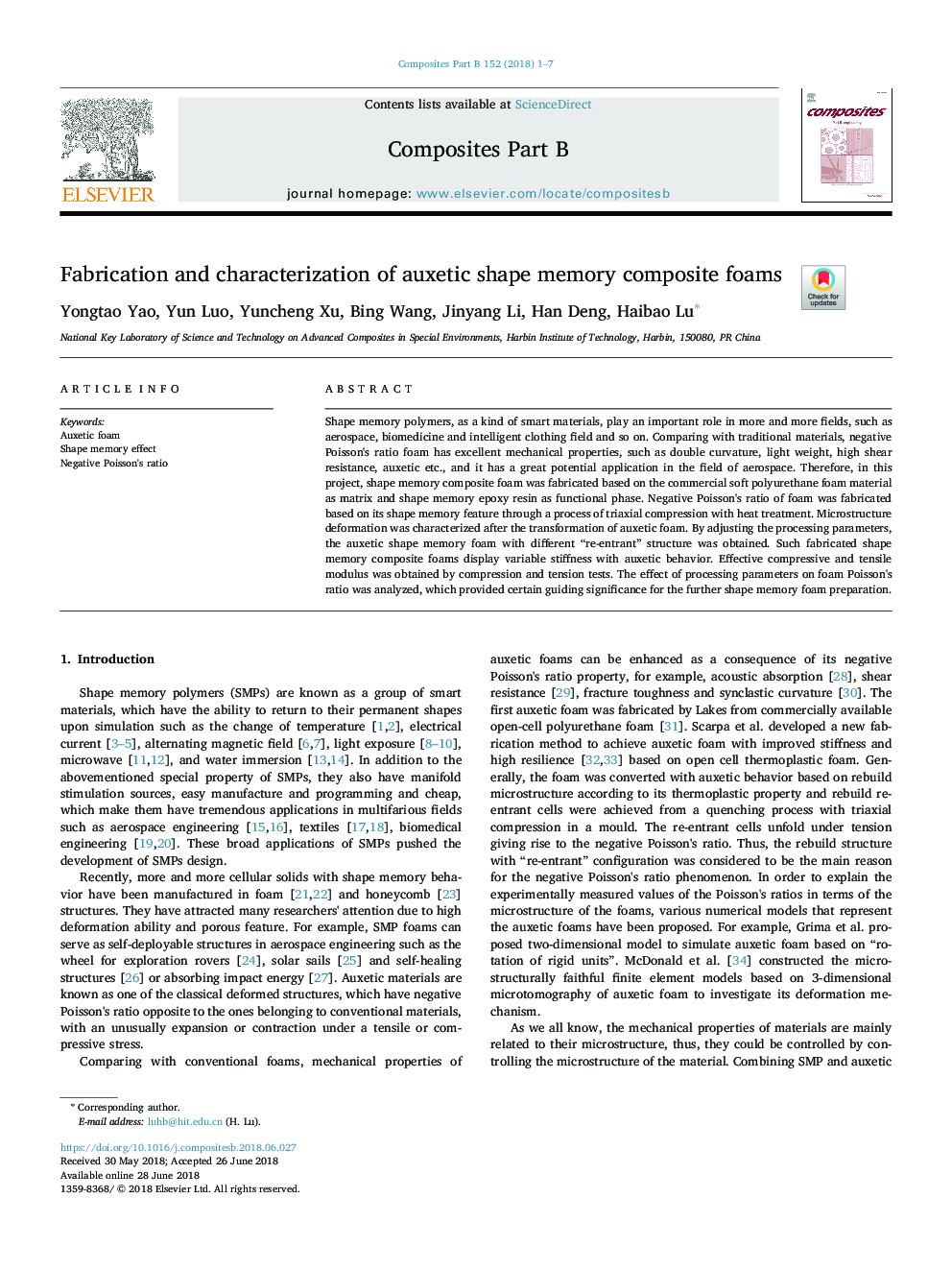 Fabrication and characterization of auxetic shape memory composite foams