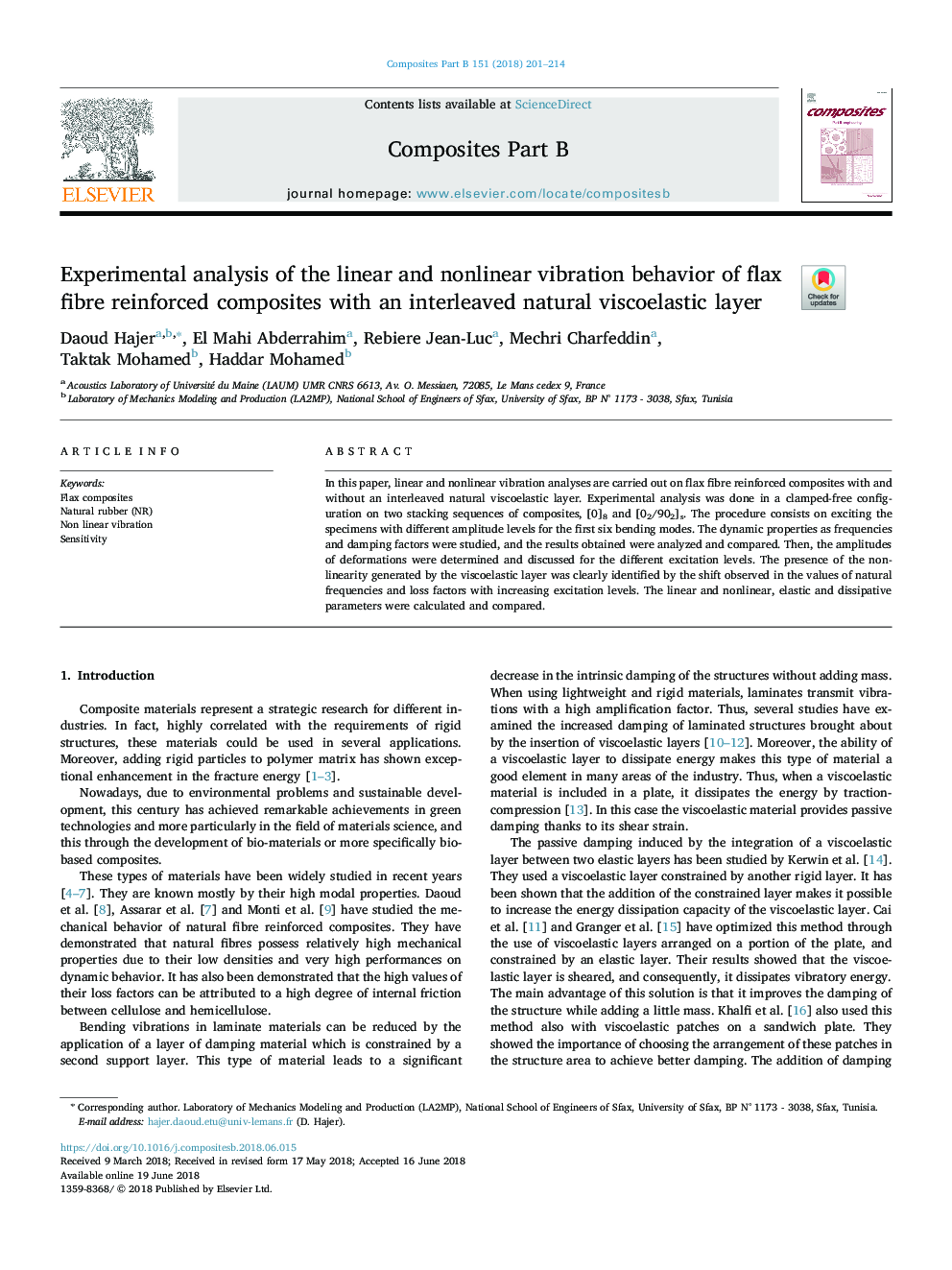 Experimental analysis of the linear and nonlinear vibration behavior of flax fibre reinforced composites with an interleaved natural viscoelastic layer