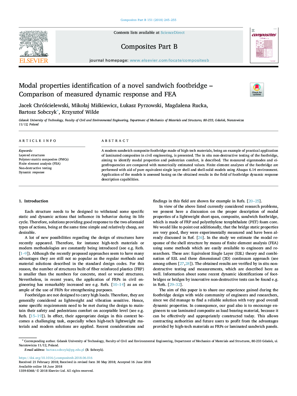 Modal properties identification of a novel sandwich footbridge - Comparison of measured dynamic response and FEA