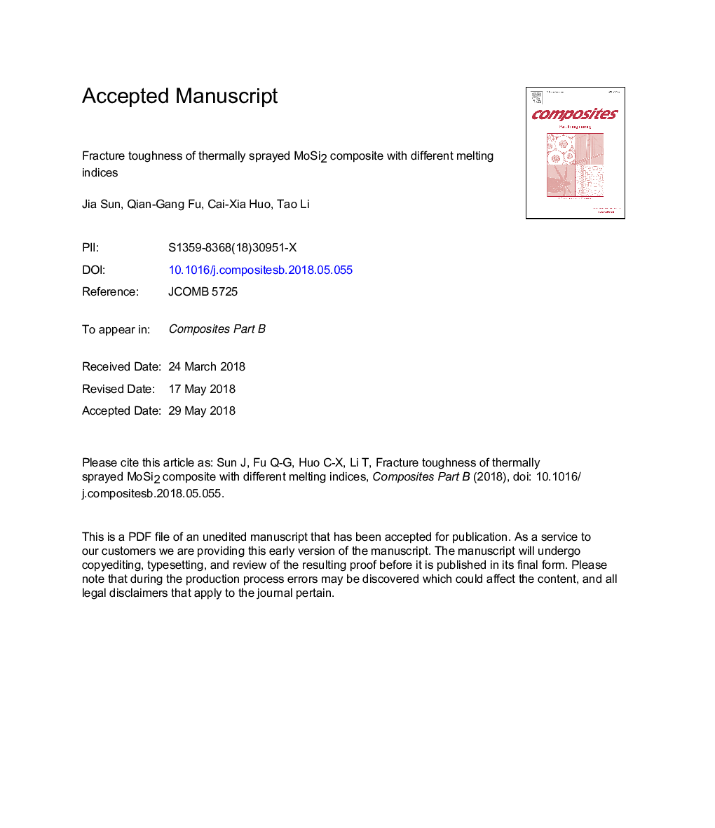 عکس صفحه اول مقاله: Fracture toughness of thermally sprayed MoSi2 composite with different melting indices Fracture toughness of thermally sprayed MoSi2 composite with different melting indices