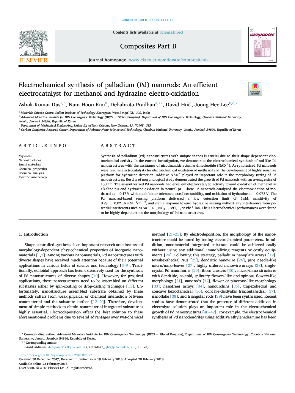 Electrochemical synthesis of palladium (Pd) nanorods: An efficient electrocatalyst for methanol and hydrazine electro-oxidation