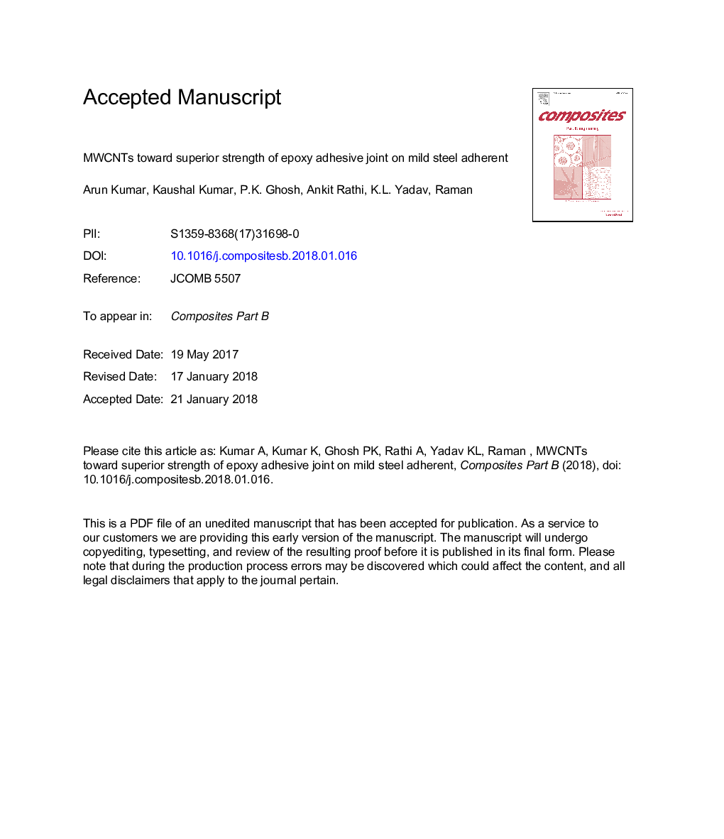 MWCNTs toward superior strength of epoxy adhesive joint on mild steel adherent