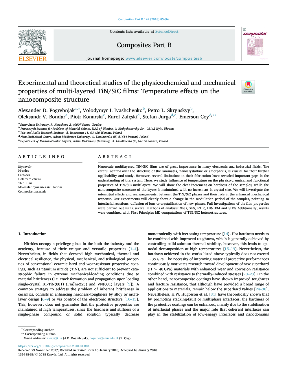 Experimental and theoretical studies of the physicochemical and mechanical properties of multi-layered TiN/SiC films: Temperature effects on the nanocomposite structure