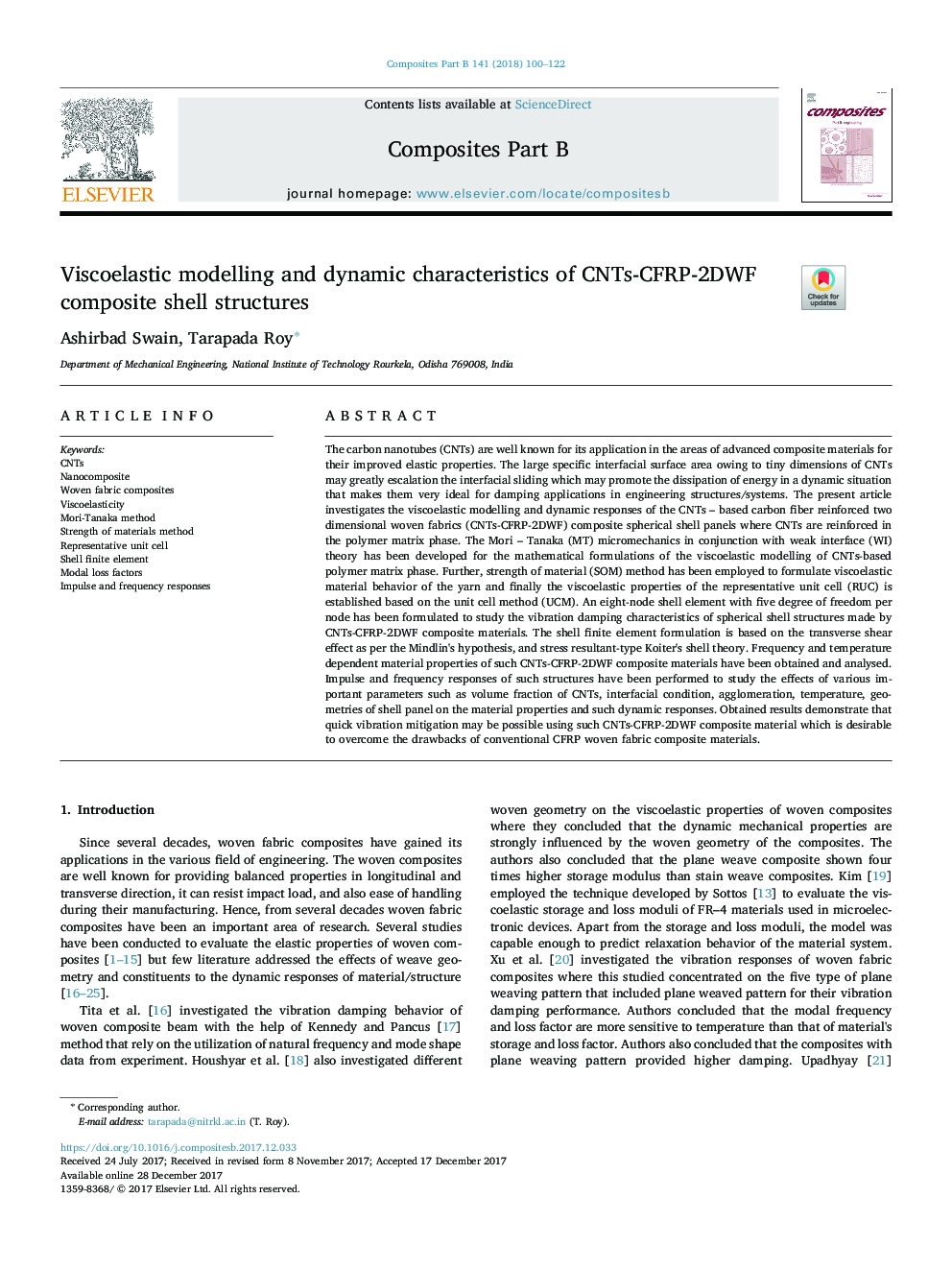 Viscoelastic modelling and dynamic characteristics of CNTs-CFRP-2DWF composite shell structures