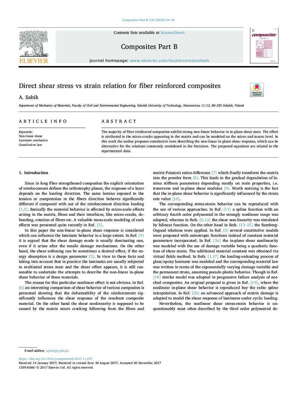 Direct shear stress vs strain relation for fiber reinforced composites