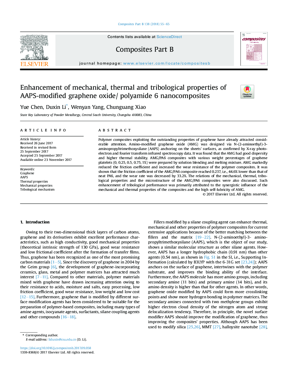 Enhancement of mechanical, thermal and tribological properties of AAPS-modified graphene oxide/ polyamide 6 nanocomposites
