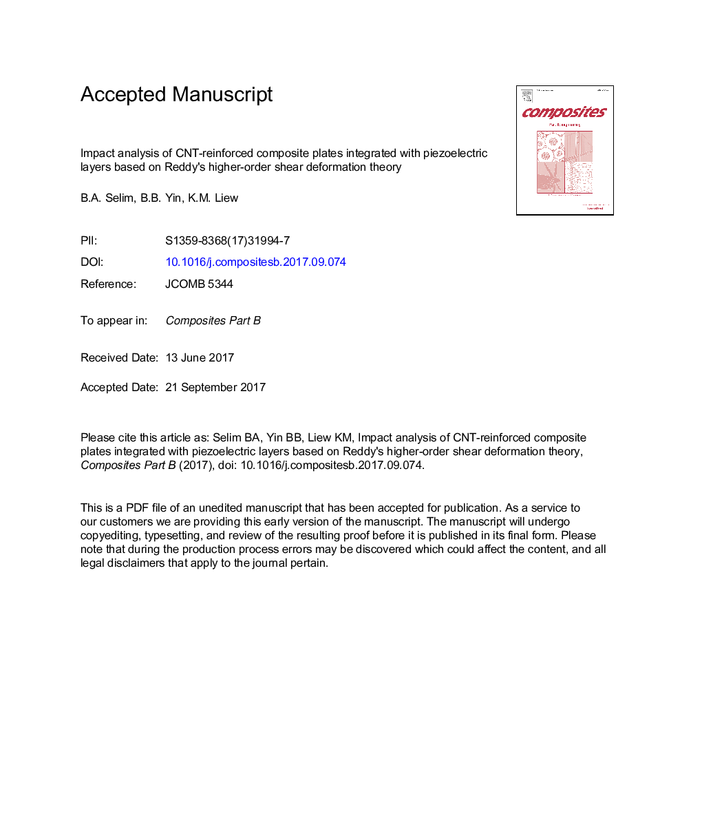 Impact analysis of CNT-reinforced composite plates integrated with piezoelectric layers based on Reddy's higher-order shear deformation theory