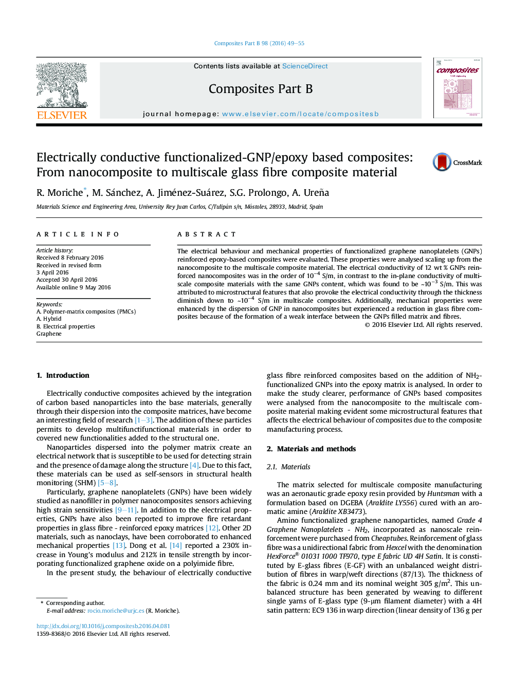 Electrically conductive functionalized-GNP/epoxy based composites: From nanocomposite to multiscale glass fibre composite material