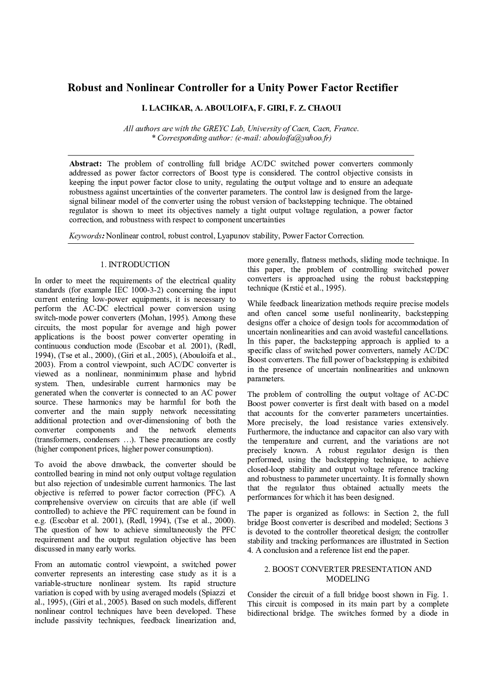 Robust and Nonlinear Controller for a Unity Power Factor Rectifier