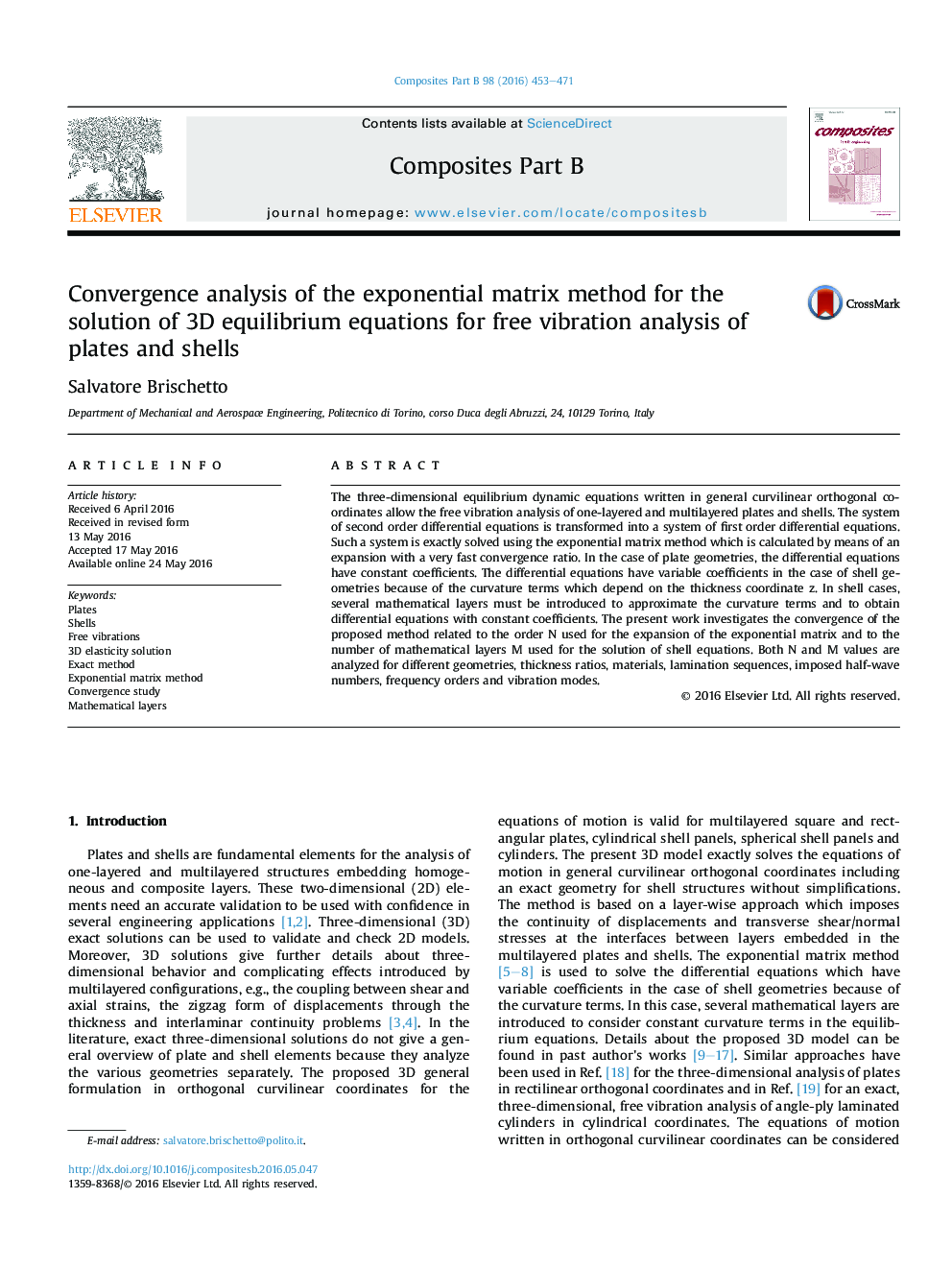 Convergence analysis of the exponential matrix method for the solution of 3D equilibrium equations for free vibration analysis of plates and shells