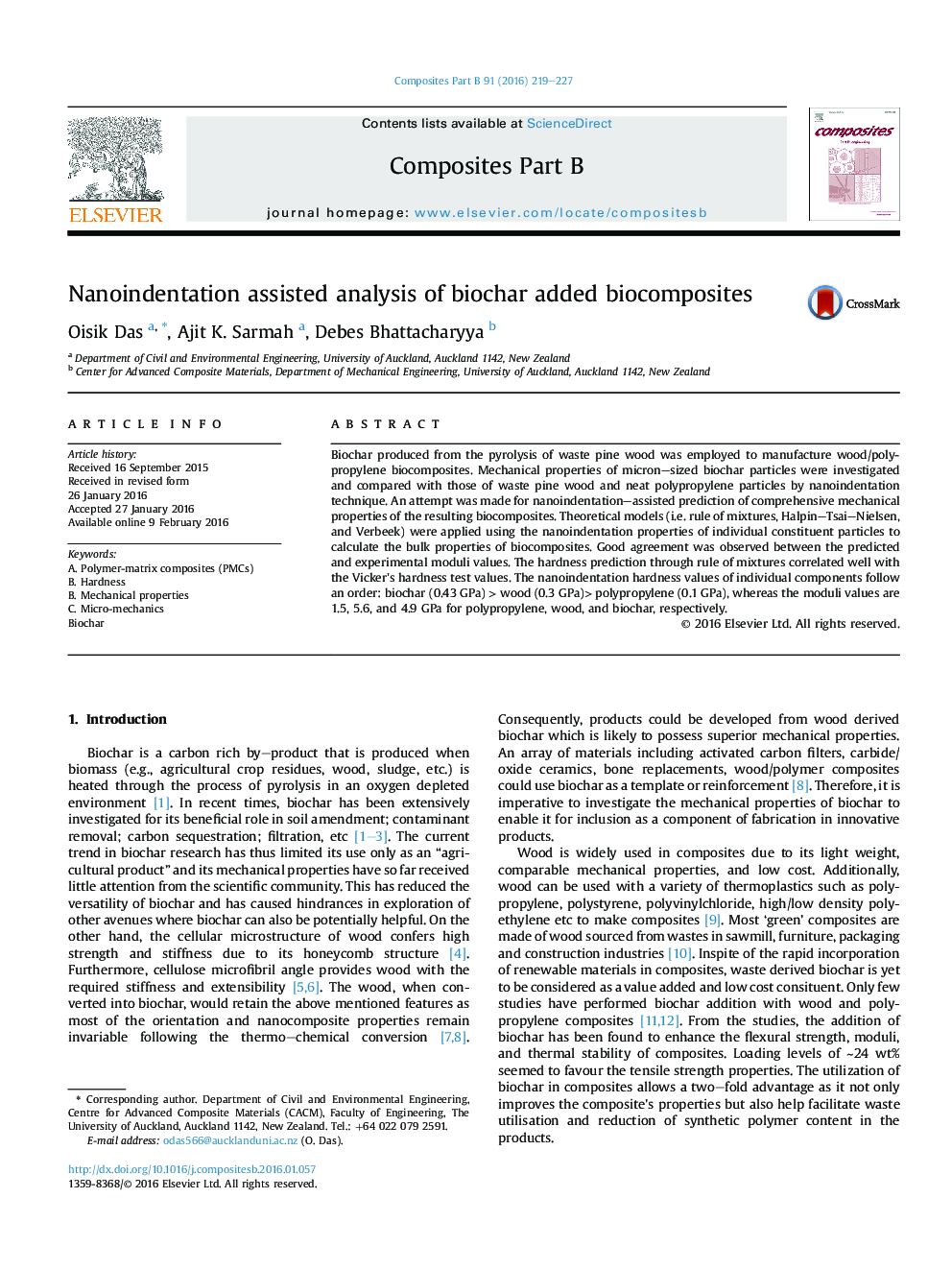 Nanoindentation assisted analysis of biochar added biocomposites