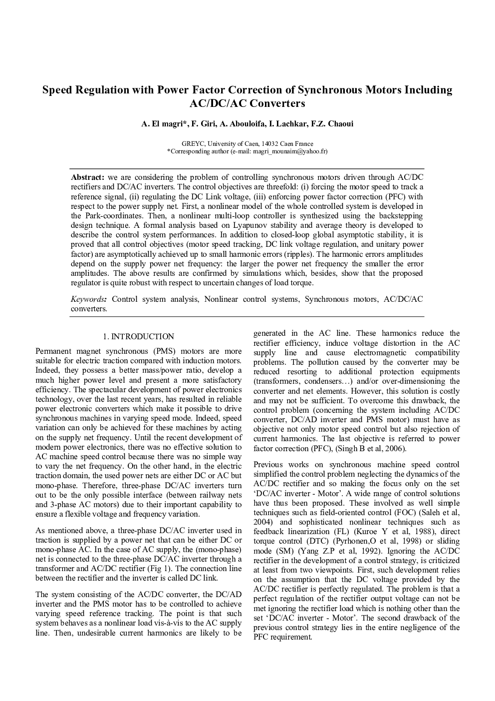 Speed Regulation with Power Factor Correction of Synchronous Motors Including AC/DC/AC Converters