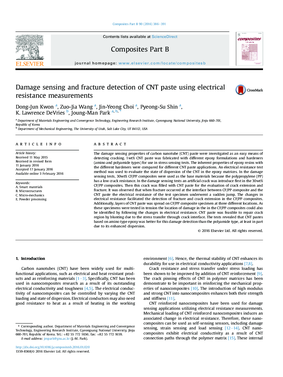 Damage sensing and fracture detection of CNT paste using electrical resistance measurements