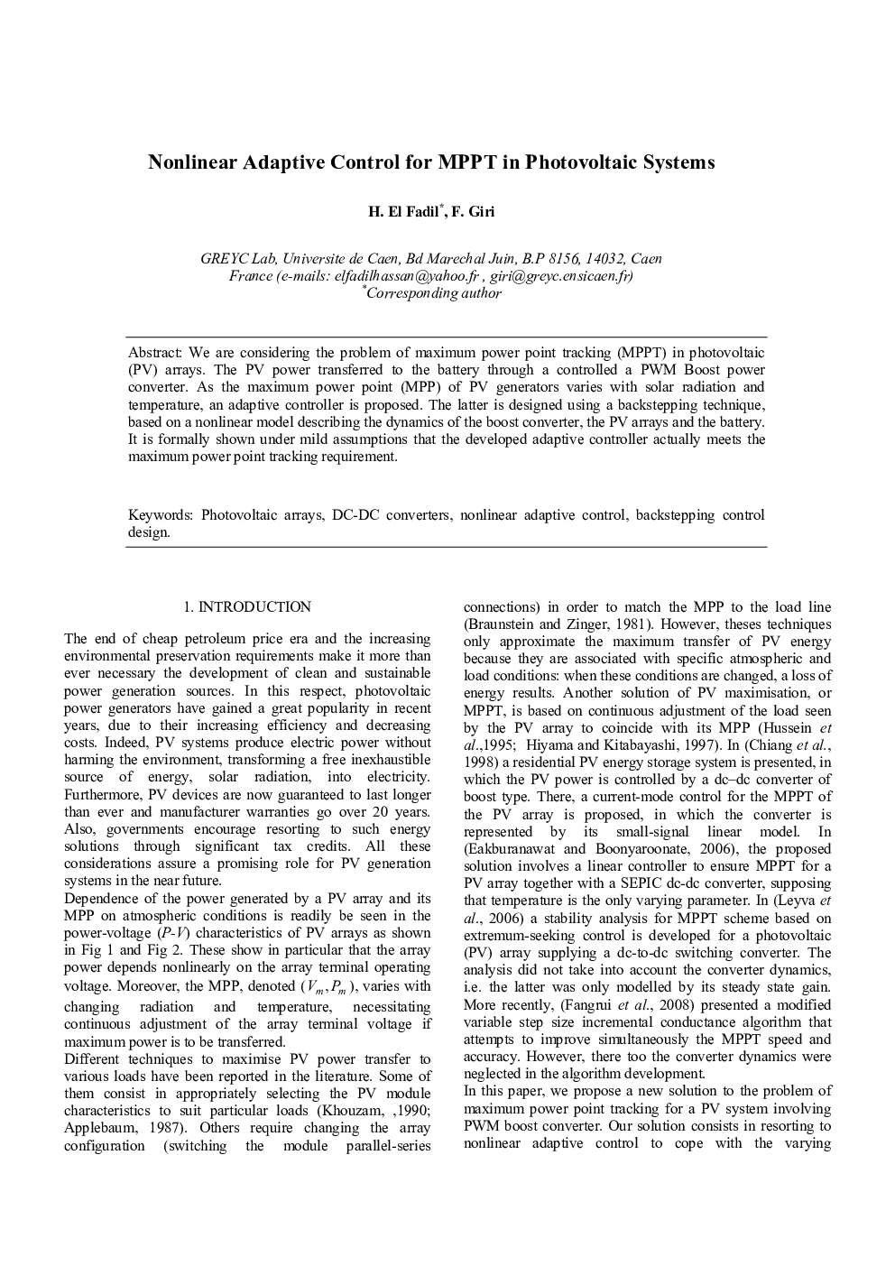 Nonlinear Adaptive Control for MPPT in Photovoltaic Systems