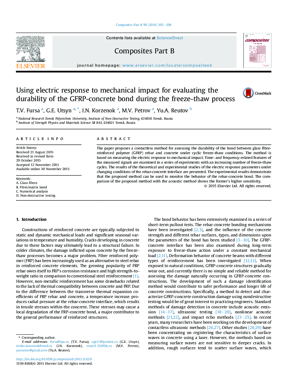 Using electric response to mechanical impact for evaluating the durability of the GFRP-concrete bond during the freeze-thaw process