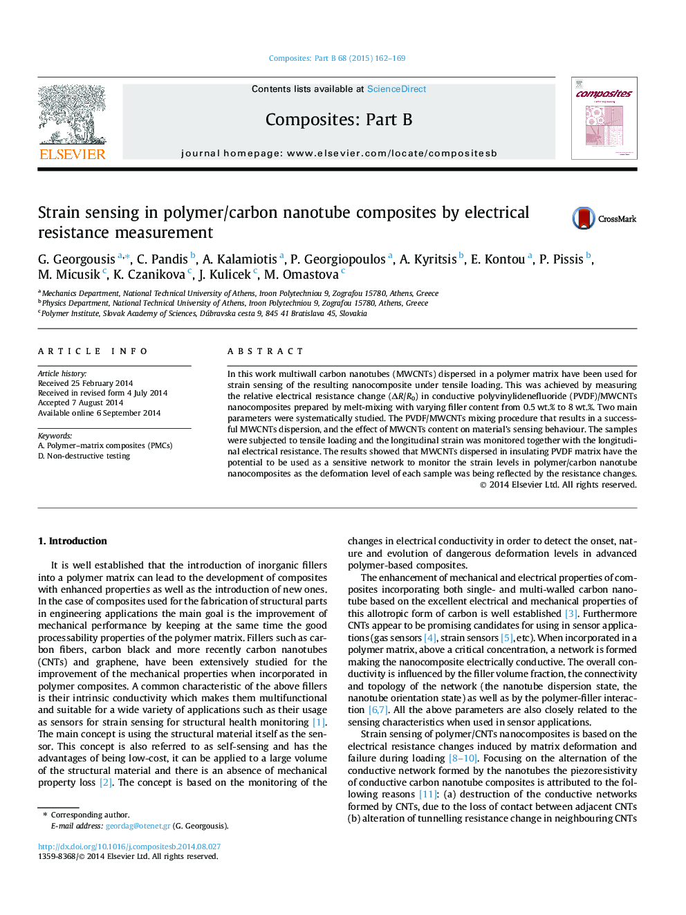 Strain sensing in polymer/carbon nanotube composites by electrical resistance measurement