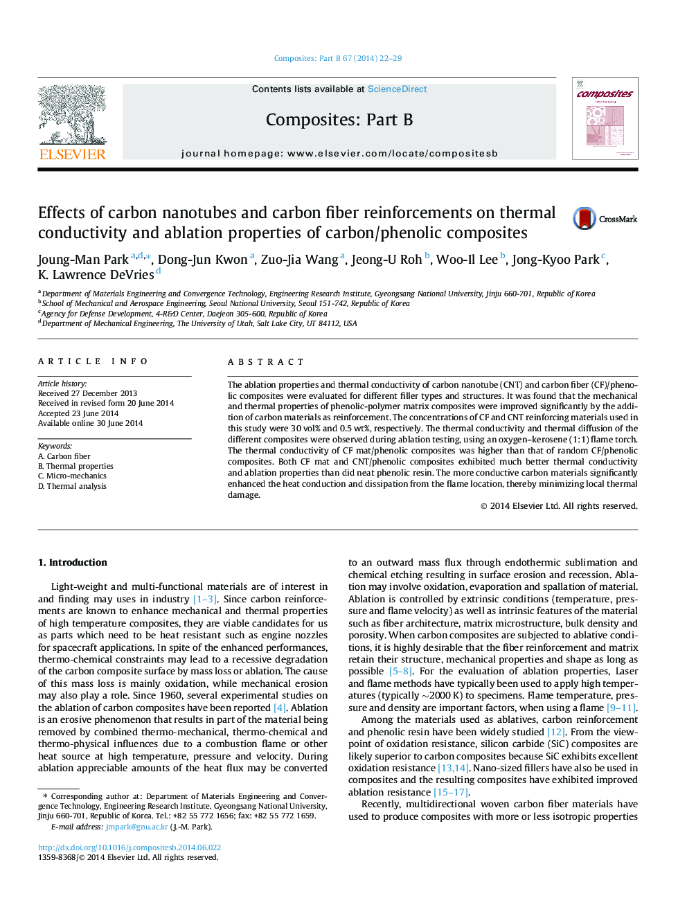 Effects of carbon nanotubes and carbon fiber reinforcements on thermal conductivity and ablation properties of carbon/phenolic composites