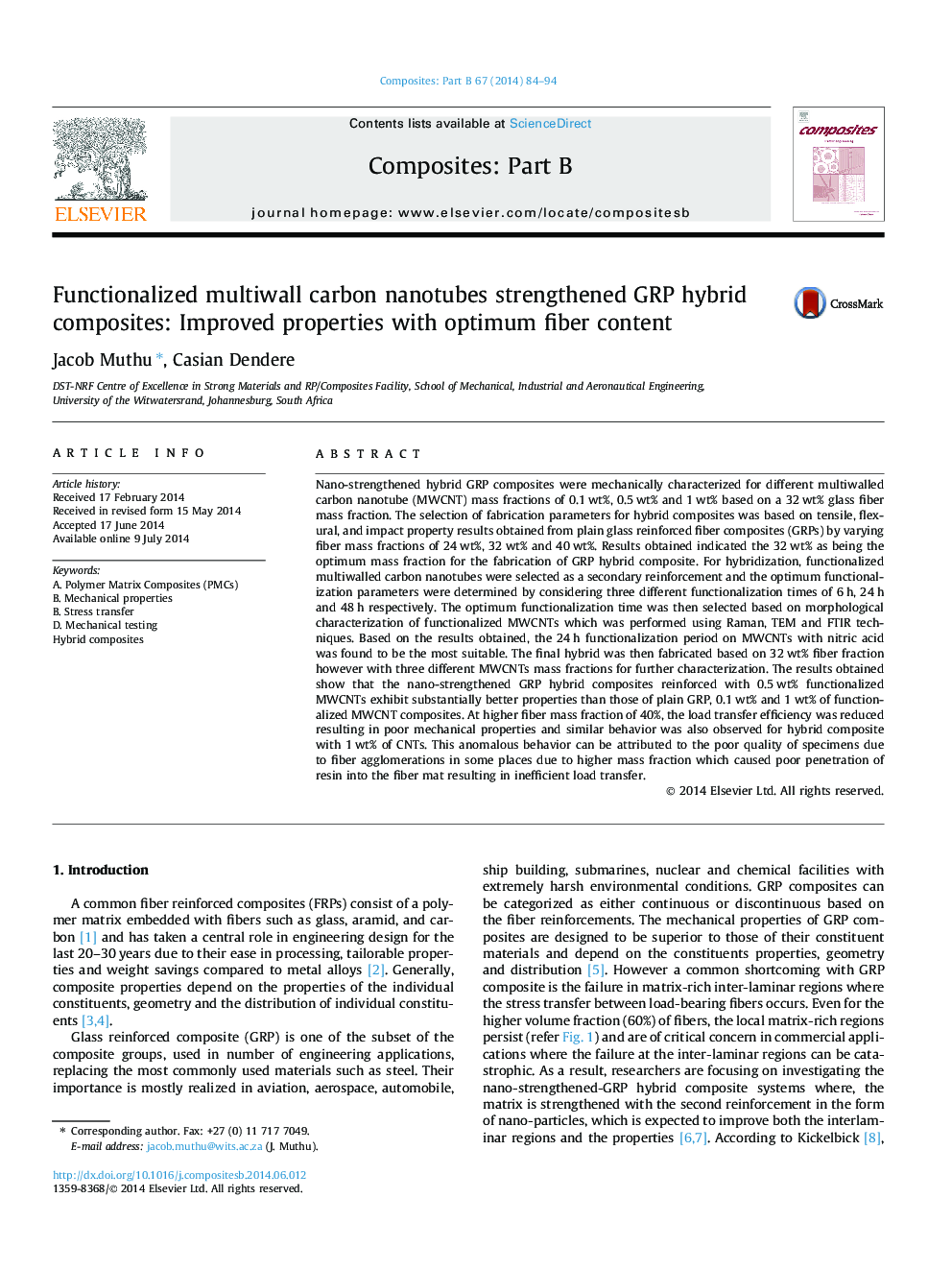 Functionalized multiwall carbon nanotubes strengthened GRP hybrid composites: Improved properties with optimum fiber content