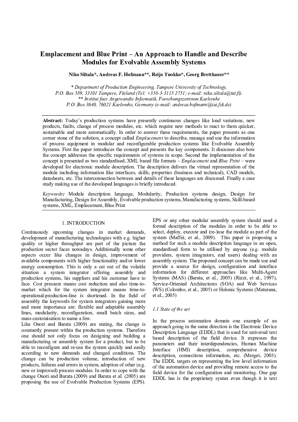 Emplacement and Blue Print – An Approach to Handle and Describe Modules for Evolvable Assembly Systems