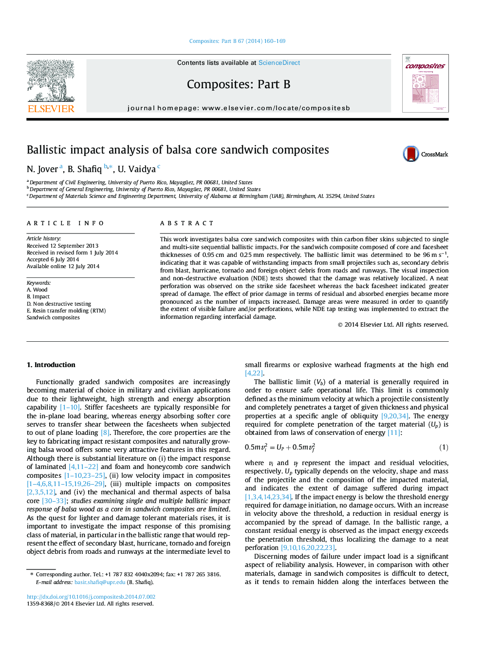 Ballistic impact analysis of balsa core sandwich composites