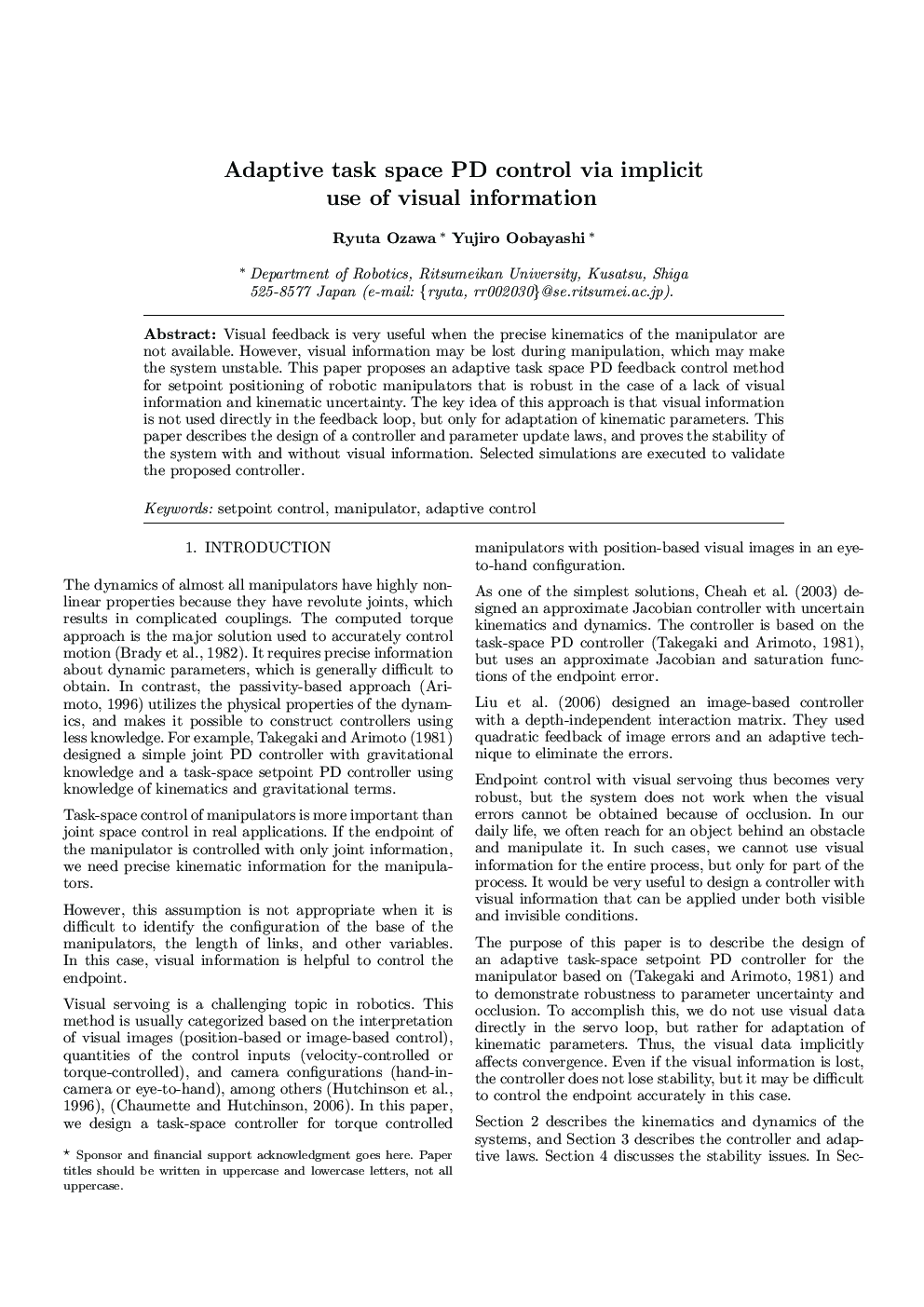 Adaptive task space PD control via implicit use of visual information 