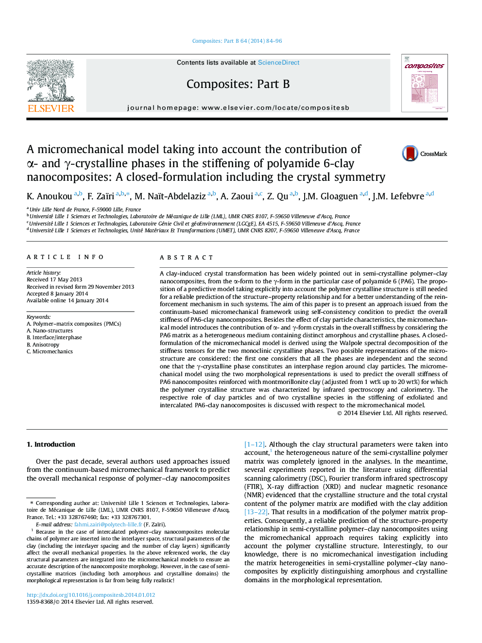 A micromechanical model taking into account the contribution of Î±- and Î³-crystalline phases in the stiffening of polyamide 6-clay nanocomposites: A closed-formulation including the crystal symmetry